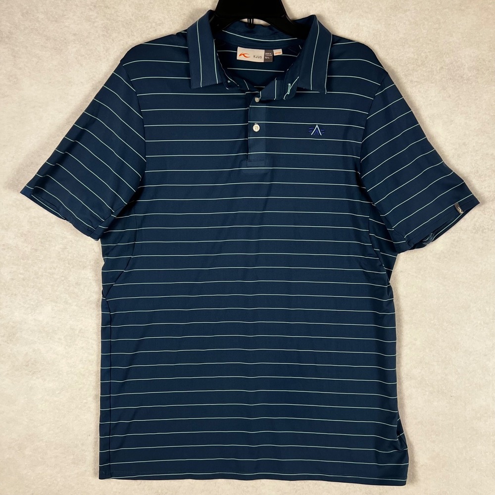 KJUS Mens Polo Big Stripes Navy Blue Golf Shirt MG60-D13 Size 52L UPF 50+